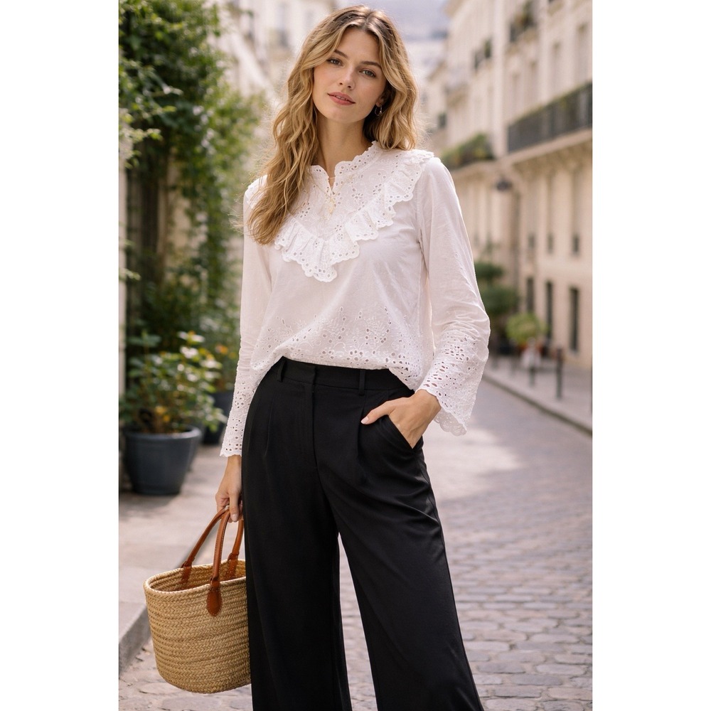 Zara Basic Eyelet Lace Blouse Womens L‎ White Victorian Ruffle Boho Cottagecore